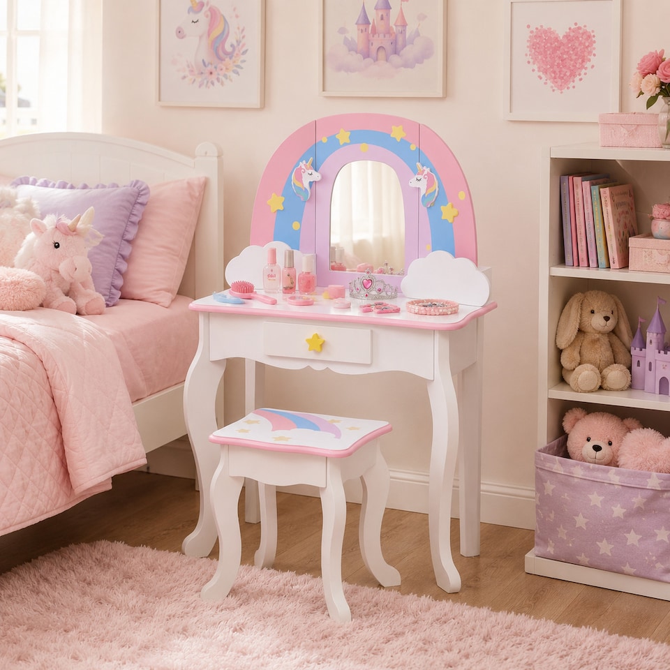 image 1 of Teamson Kids Play Vanity with Mirror, Pegs & Stool, Rainbow Unicorn