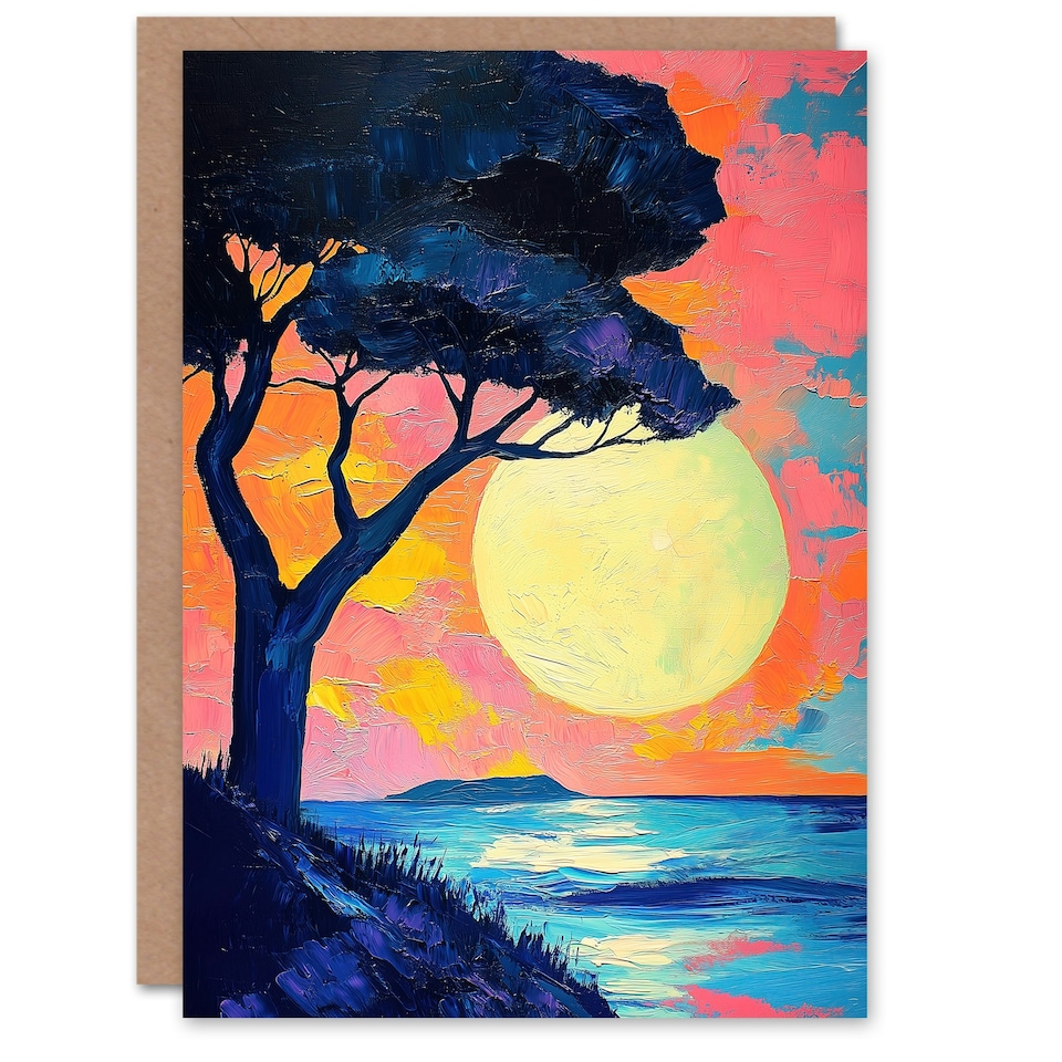 image 1 of Tree Silhouette By Sea Large Sunset Sun Seascape Birthday Greeting Card