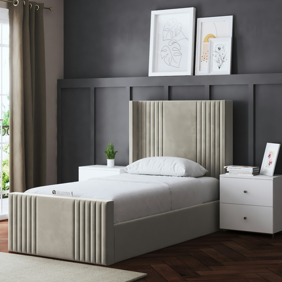 image 1 of Elara Divan Bed with Winged Panel Headboard - Beige - Small Double / 4ft