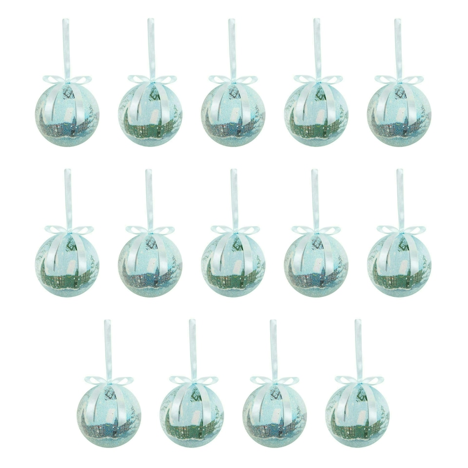 image 1 of 14pc Frosted Snow Xmas Village Bauble