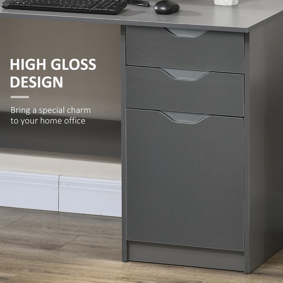 image 1 of HOMCOM Computer Desk with Drawers, High Gloss Home Office Desk with Storage Cabinet, Study Workstation, 120 x 60cm, Grey