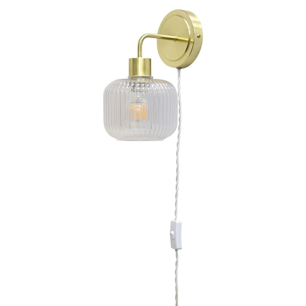 First Choice Lighting Toby - Satin Brass Plug in Wall Light with Batley Ribbed Glass Shade in Gold