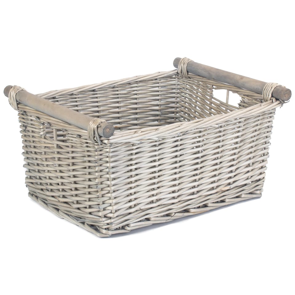 image 1 of Large Grey Wash Wooden Handled Storage Basket | Grey | Grey