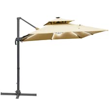Outsunny 3m Cantilever Parasol LED Patio Umbrella for Lawn Beach Poolside Khaki