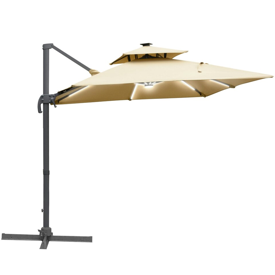 image 1 of Outsunny 3m Cantilever Parasol LED Patio Umbrella for Lawn Beach Poolside Khaki