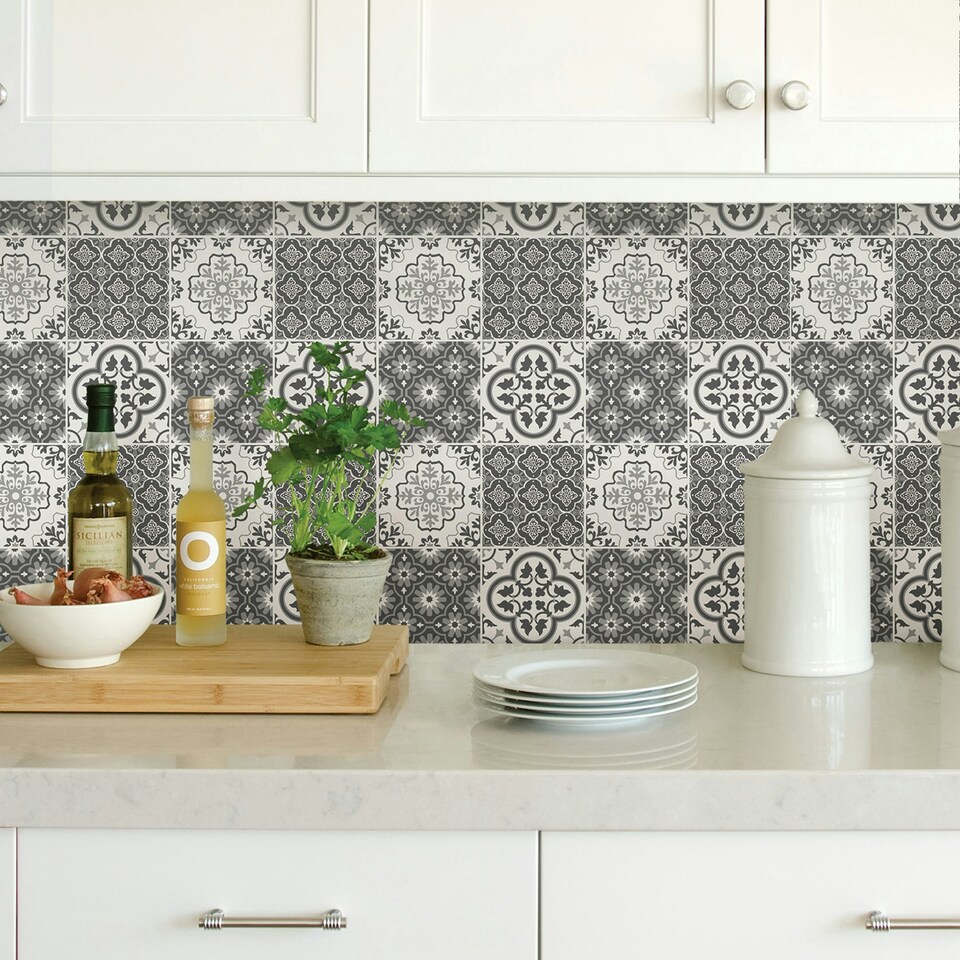 image 1 of NuWallpaper NHS4773 Lisbon Tile Peel & Stick Wallpaper, Charcoal Multi