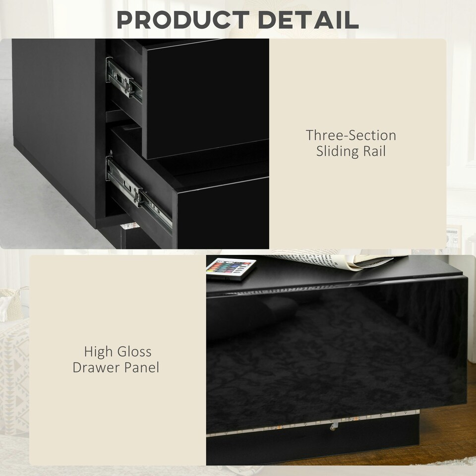 image 1 of HOMCOM High Gloss Front Bedside Table Nightstand with LED Light Remote Black