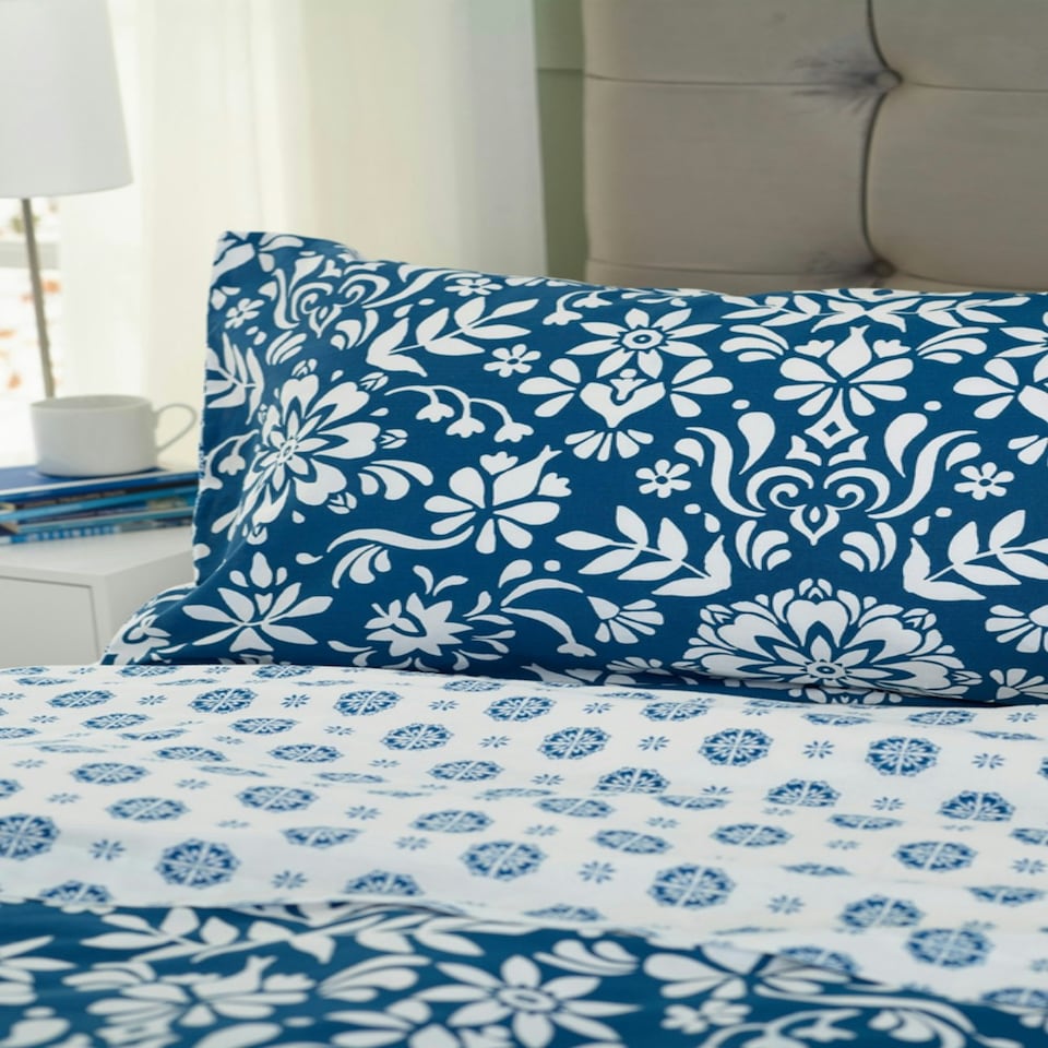 image 1 of Ornamental Tile Floral 100% Cotton Duvet Cover Set – Soft & Decorative | Blue | Double