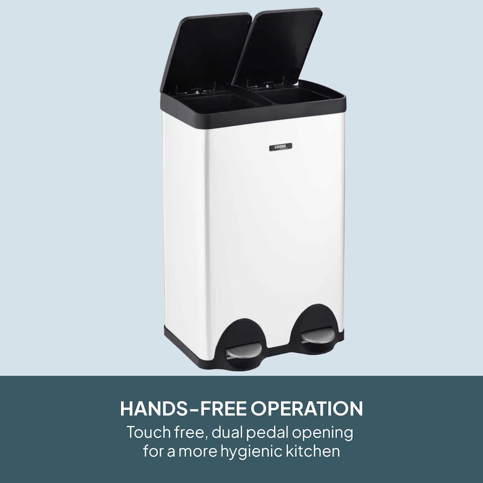 image 1 of Cooks Professional Dual Pedal Recycle Bin 60L with 2 x Compartments & Soft Close Lids | White