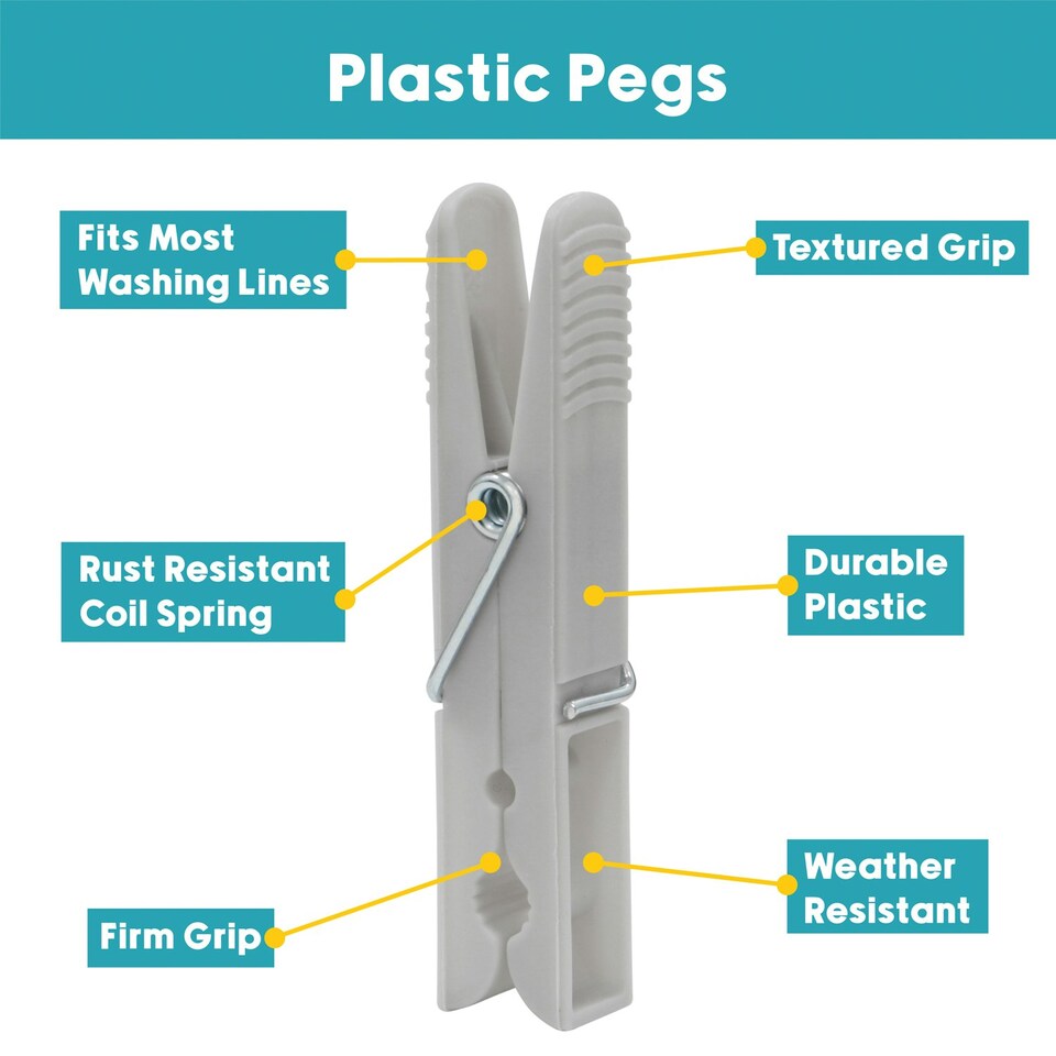 image 1 of JVL Plastic Peg Basket, Grey with 36 Strong Hold Plastic Pegs, Aqua