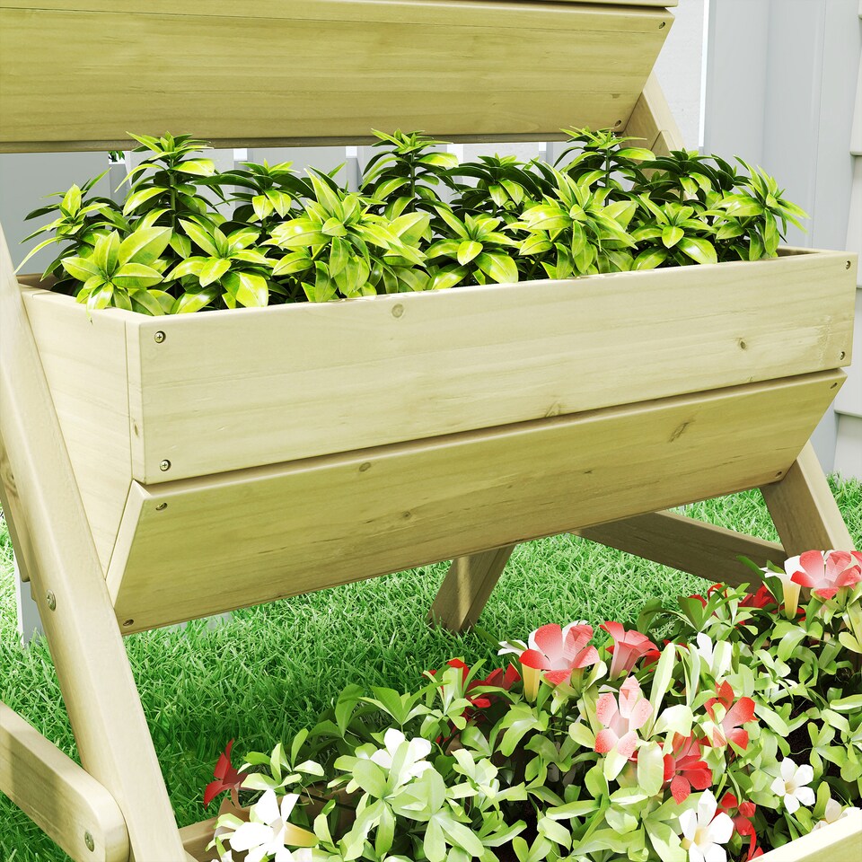 image 1 of Outsunny 3 Tier 66L Raised Garden Bed Wooden Elevated Planter Box Kit for Flower, Vegetable, Herb, 65 x 75 x 76cm, Green