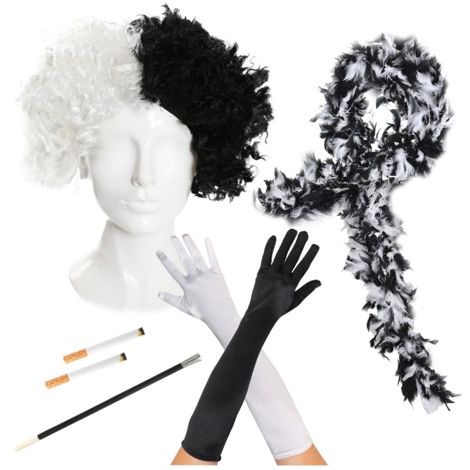 image 1 of Evil Dog Lady Accessory Set - Wig, Gloves, Boa & Fake Cigarettes Black | One Size