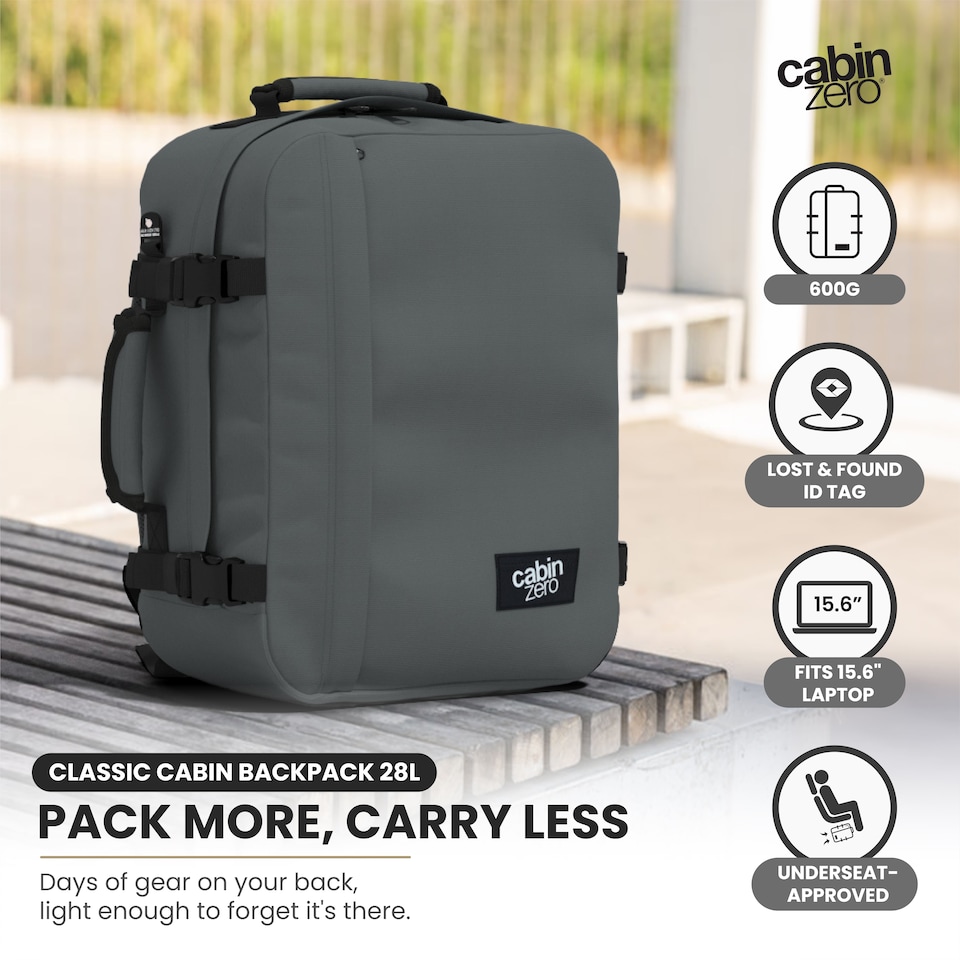 image 1 of CabinZero Classic 28L Lightweight Cabin Backpack, Airline Approved Underseat | Grey | Original Grey