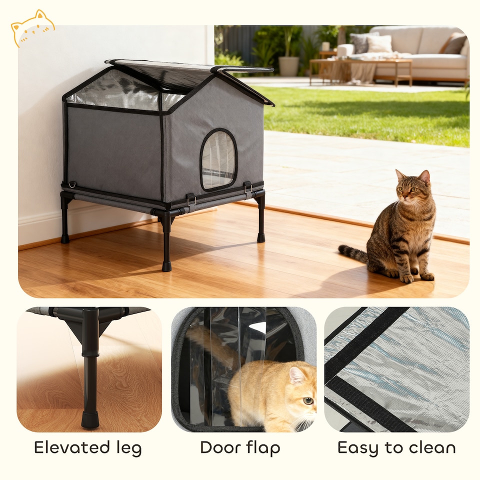 image 1 of PawHut Outdoor Cat House, Waterproof Insulated Cat Kennel with Elevated Base, Cushion, Foldable Feral Kitty Shelter for Indoor Outdoor Kittens, Grey