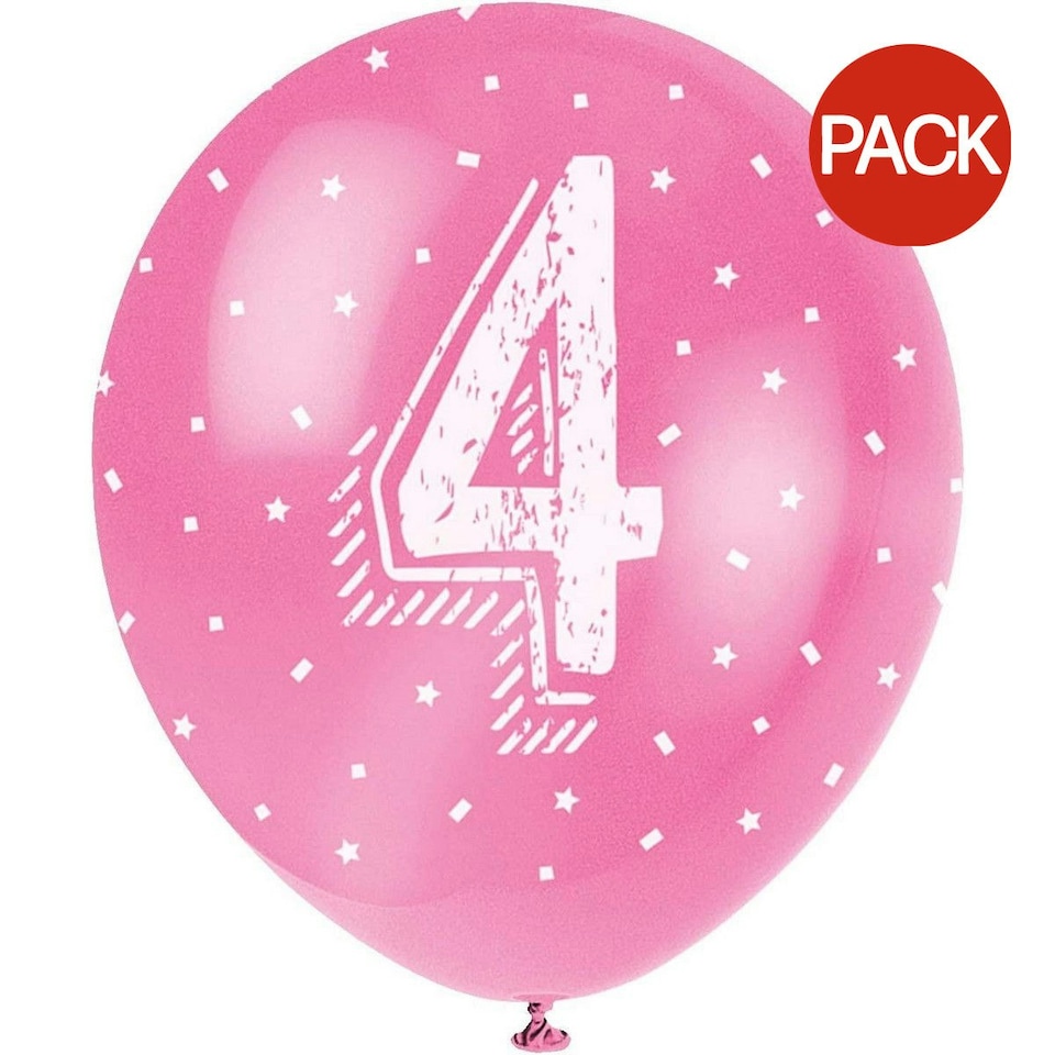 Unique Party Latex Pearlised 4th Birthday Balloons (Pack of 5) - Pink/White - One Size