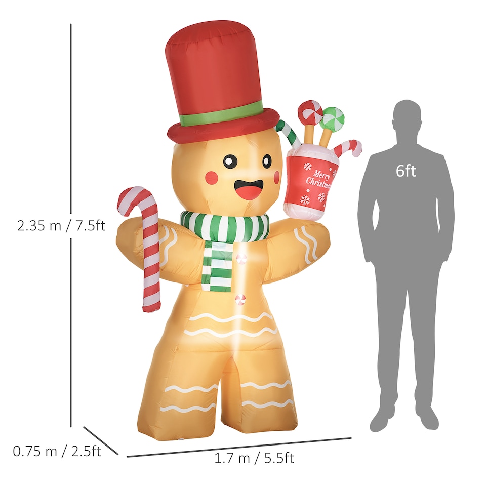image 1 of HOMCOM 7.5ft Christmas Inflatable Gingerbread Man with Candy Cane and LED Lights, Blow-Up Outdoor LED Garden Display for Lawn, Party