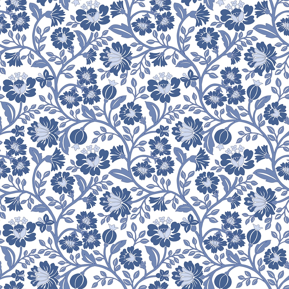 image 1 of Folksy Floral Wallpaper in Blue on White | Blue | Blue on White