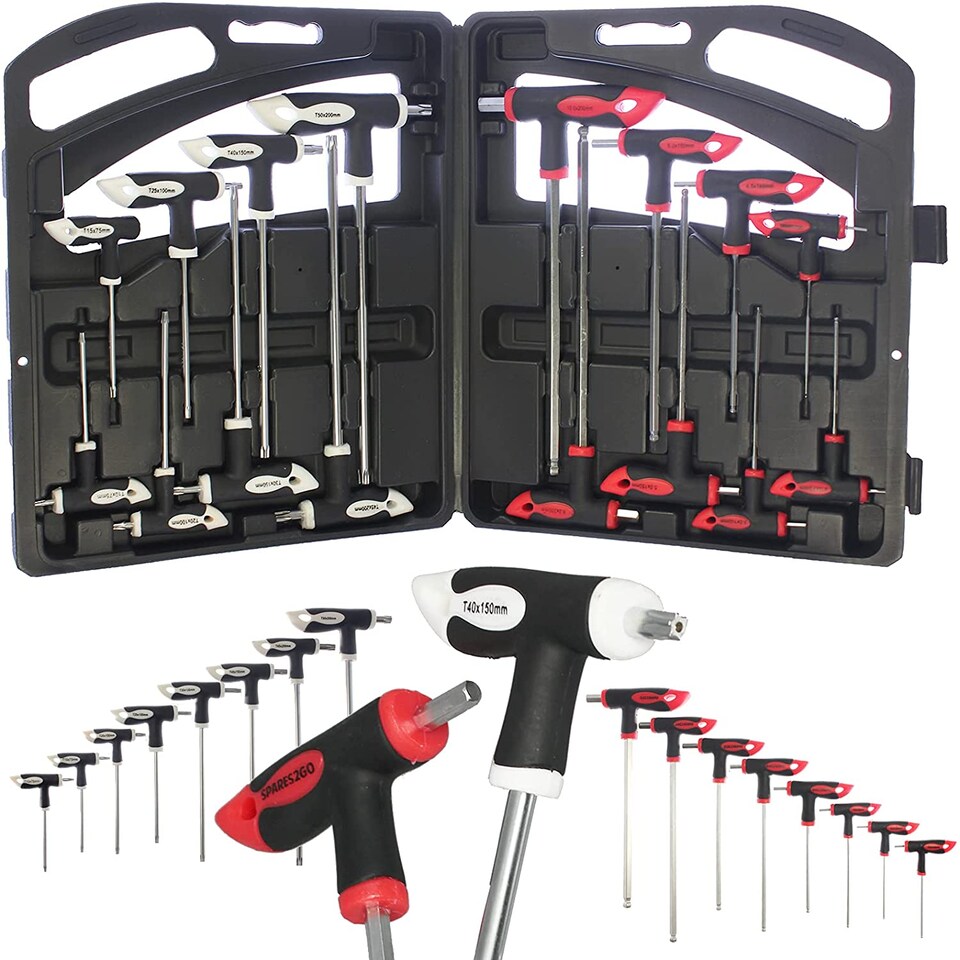 image 1 of SPARES2GO T Handle Screwdriver Set Torx Metric Hex Allen Key Long Star Security Tool CR-V