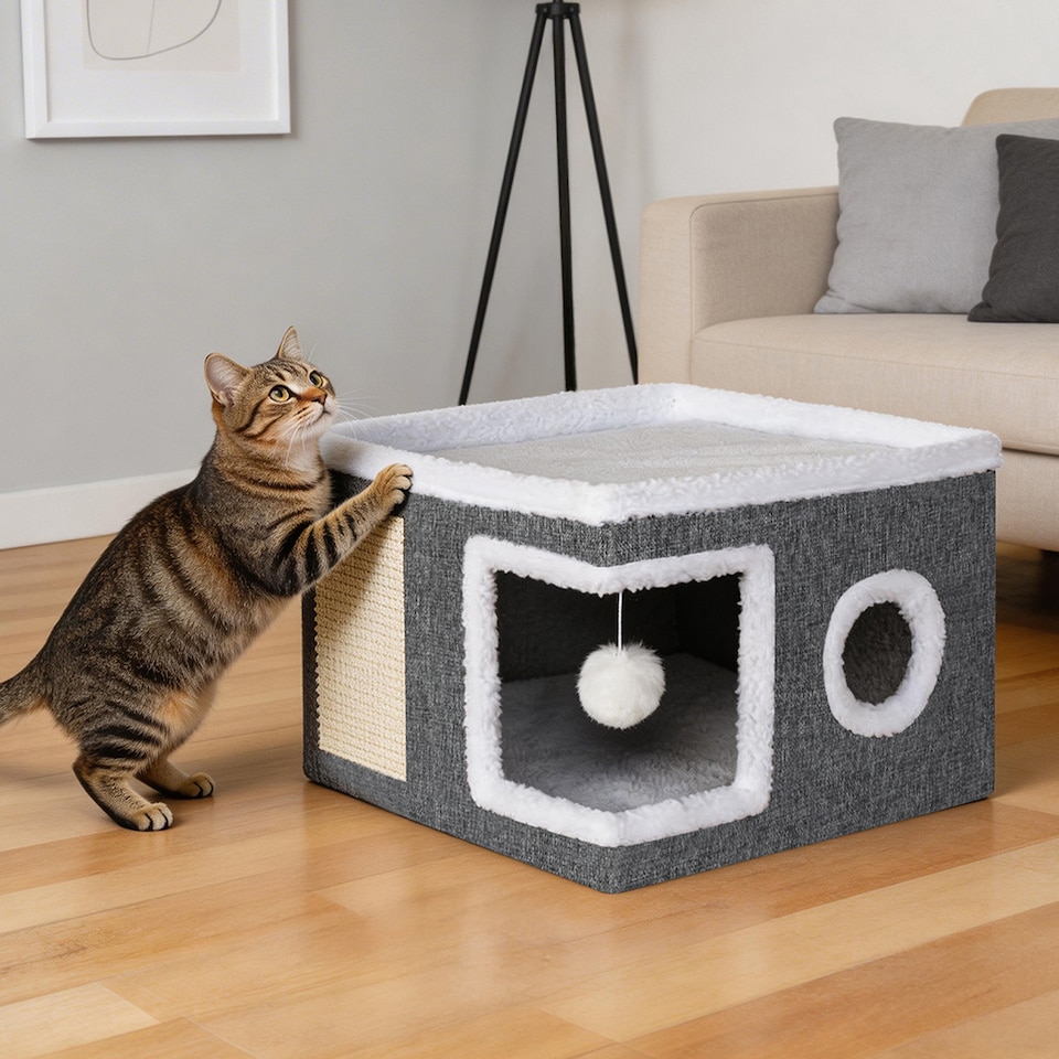 image 1 of Skylos Cat House Indoor Cat Cave with Scratch Pad Fluffy Ball Cat Bed Pet House