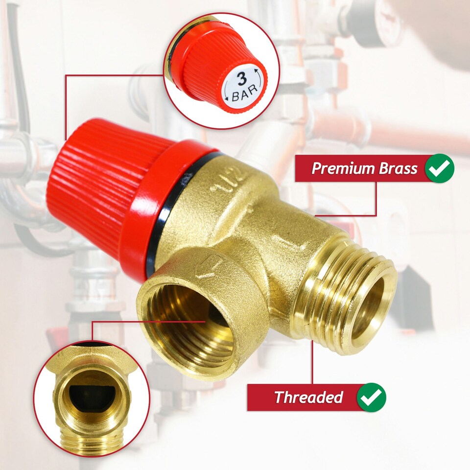 image 1 of SPARES2GO Pressure Relief Safety Valve for Alpha CB50 CD50 Boiler 3 Bar 1/2" BSP Male x Female Brass PRV