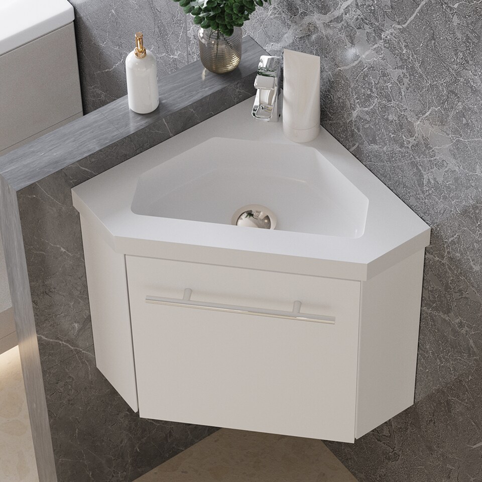 image 1 of AICA 395mm Matte White Bathroom Vanity Unit With Integrated Sink, 1 Door Soft-Close Place in the corner