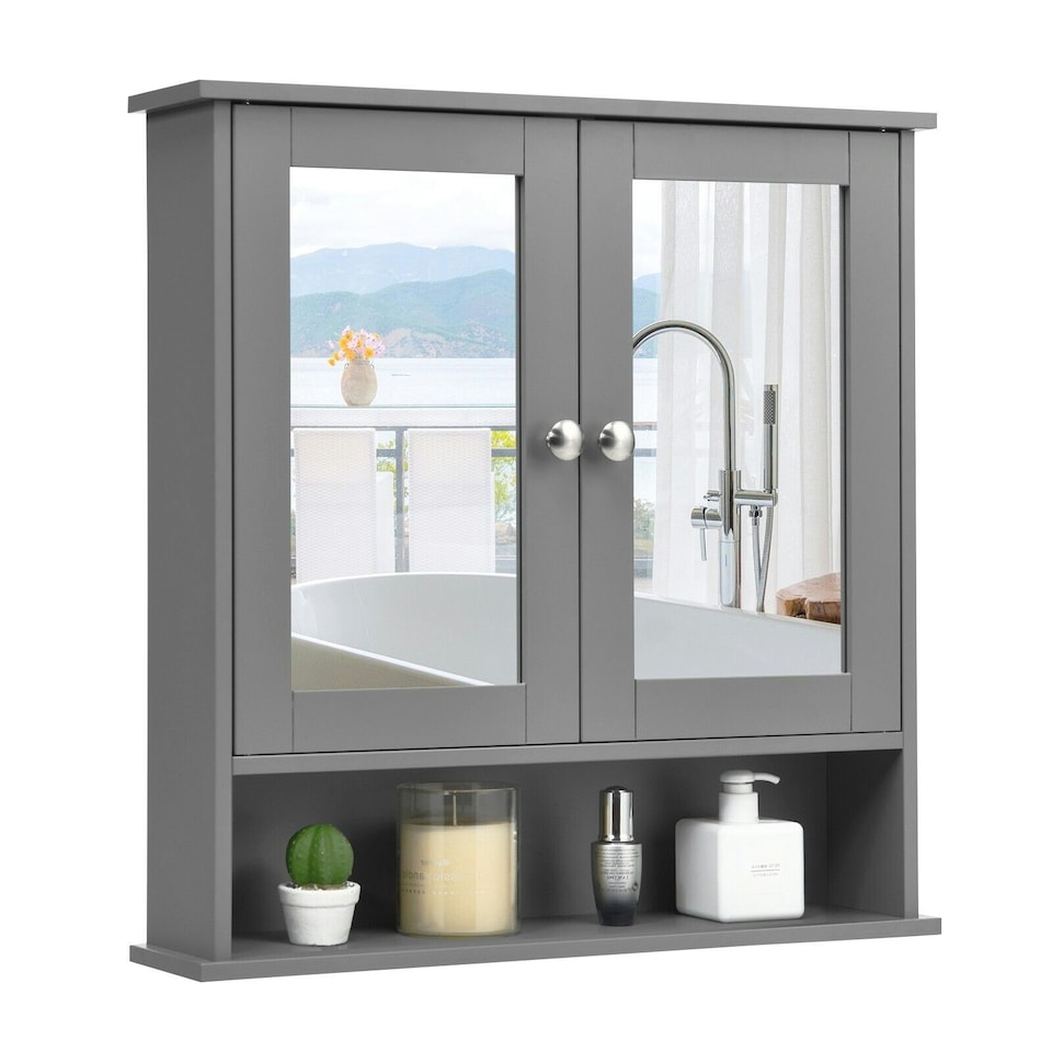 image 1 of COSTWAY Wall Mounted Bathroom Mirror Cabinet Storage Grey Grey