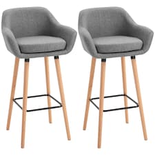HOMCOM Set of 2 Bar Stools Modern Upholstered Seat Bar Chairs with Metal Frame, Solid Wood Legs Living Room Dining Room Fabric Furniture - Grey