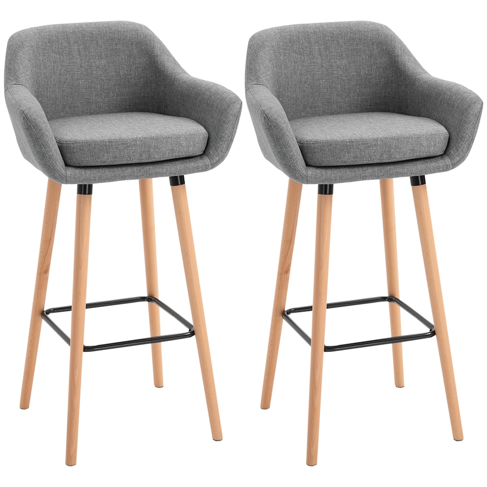 image 1 of HOMCOM Set of 2 Bar Stools Modern Upholstered Seat Bar Chairs with Metal Frame, Solid Wood Legs Living Room Dining Room Fabric Furniture - Grey