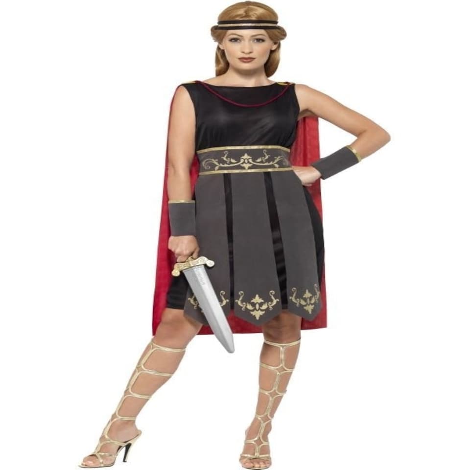 Roman Warrior Costume - Black - with Dress - Attached Cape - Arm Cuffs & Headband - 45496XS