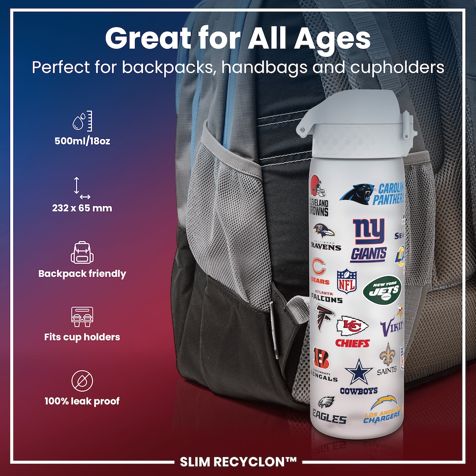 image 1 of Leak Proof Slim Water Bottle, BPA Free, NFL, 500ml (18oz) | White | NFL Multi Teams | One Size