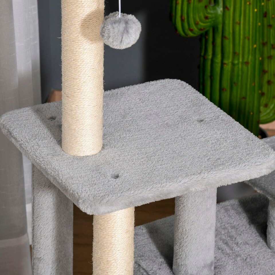 image 1 of PawHut Cat Tree Tower with Sisal Scratching Post Condo 114cm Light Grey