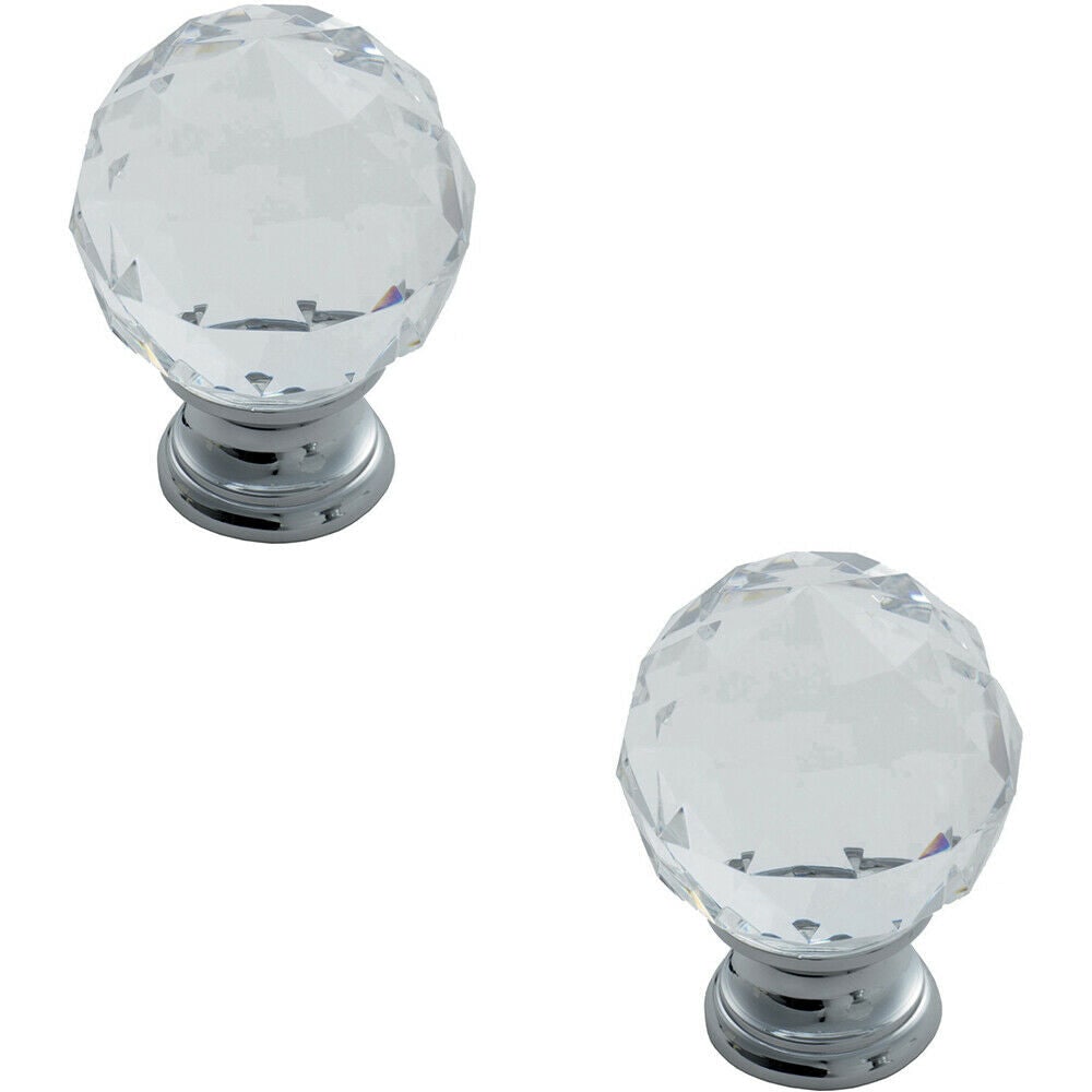 Loops 2x Faceted Crystal Cupboard Door Knob 25mm Dia Polished Chrome Cabinet Handle