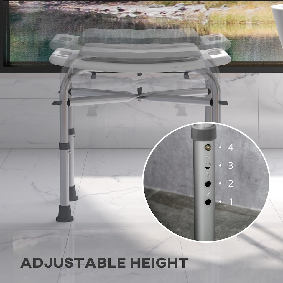 image 1 of HOMCOM Aluminium Shower Stool for Elderly, Height Adjustable Shower Seat with Removable Padded Cushion, Shower Head Holder, Non-Slip Bath Stool for Seniors, Disabled, Pregnant, White