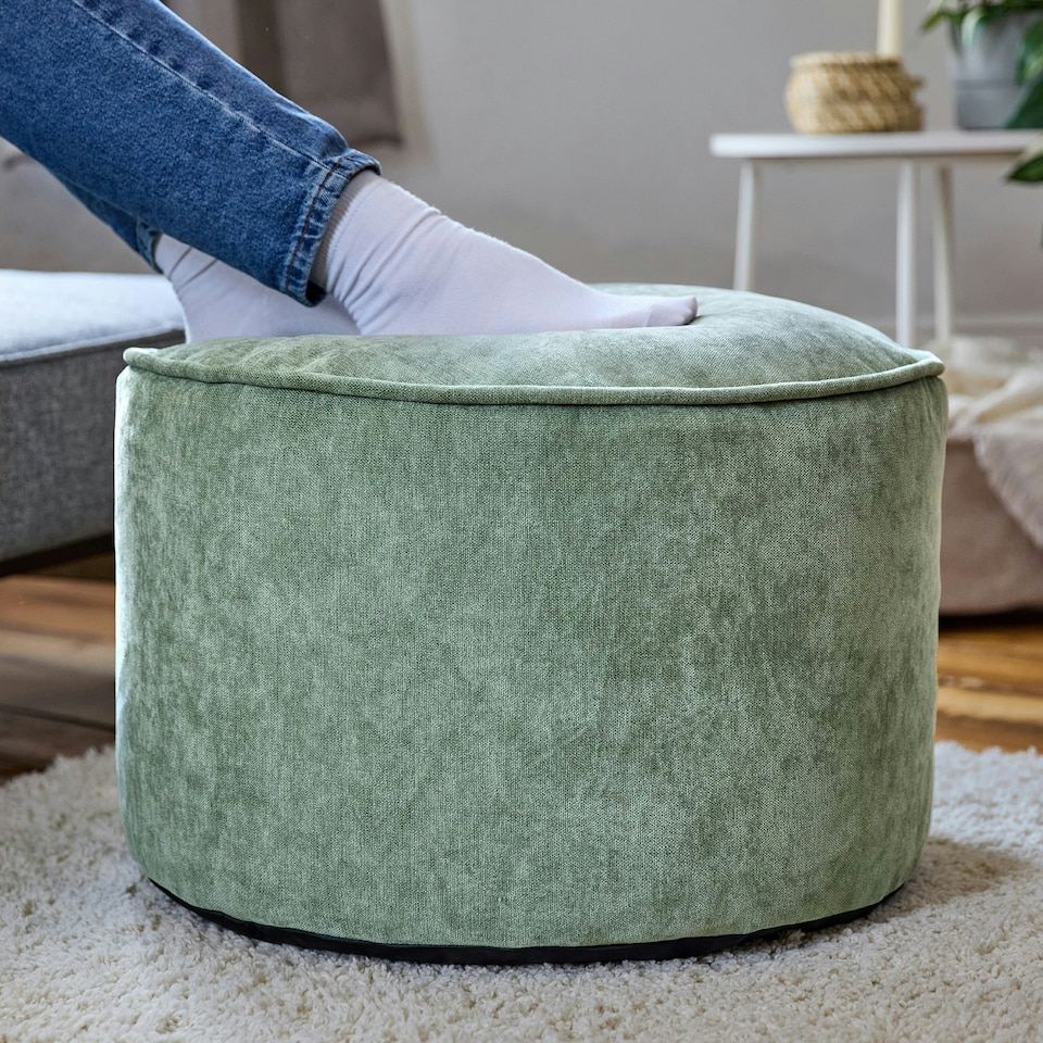 image 1 of icon Round Chenille Bean Bag Pouffe Sage Green Large Chenille Footstool Green