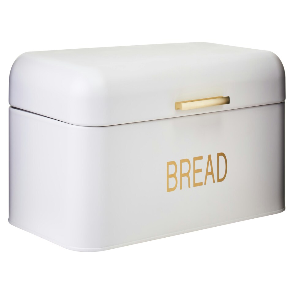 image 1 of Interiors by Premier Matte Cream Bread Bin with Gold Handle, Tin Bread Storage Box for Kitchen, Large Capacity Bread Container White