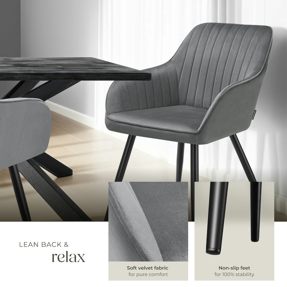 image 1 of Chair Marilyn - velvet look, quilted, continuous backrest, slim steel legs - per piece Grey | Grey/Black