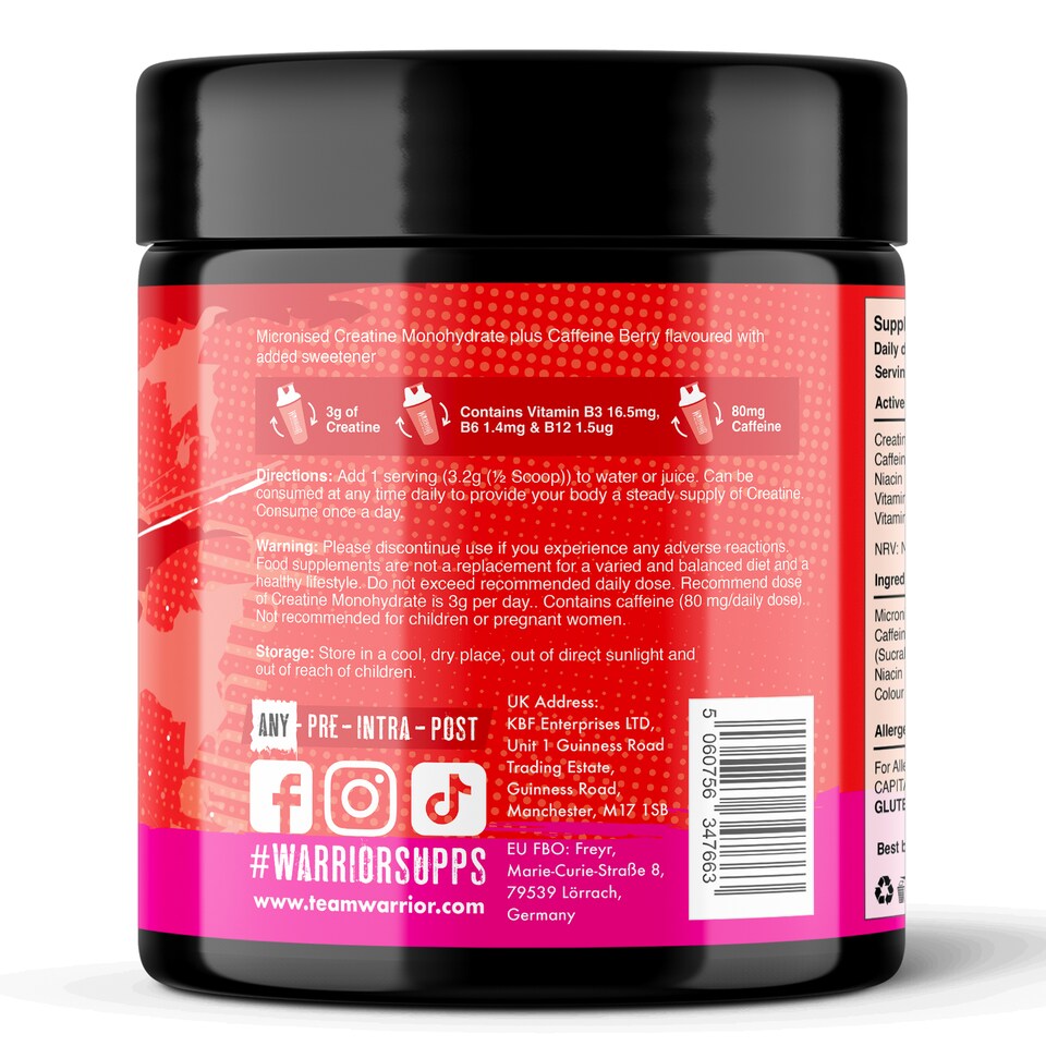 image 1 of Warrior Creatine + Energy – 3g Creatine, 80mg Caffeine & B-Vitamins for Strength, Focus & Stamina – Mixed Berry, 360g (112 Servings)