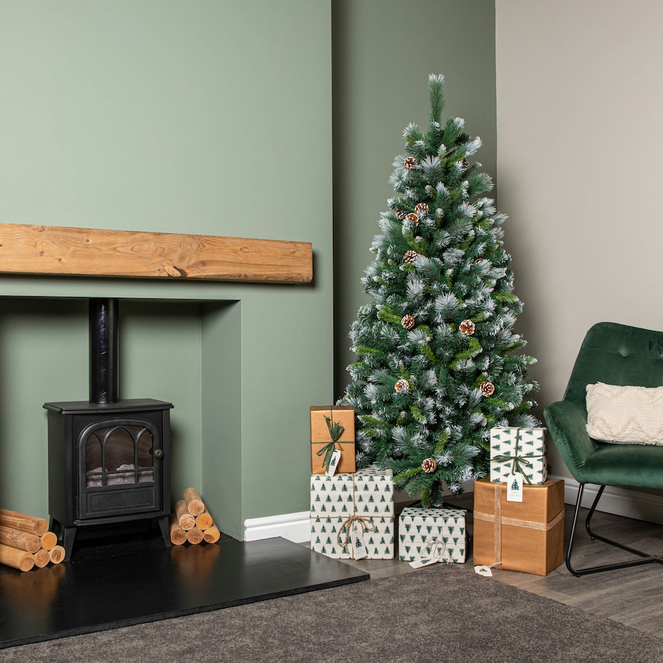 image 1 of 6ft (1.8m) Frosted Glacier Pine Snow Tipped Christmas Tree with Pine Cones and 710 Tips