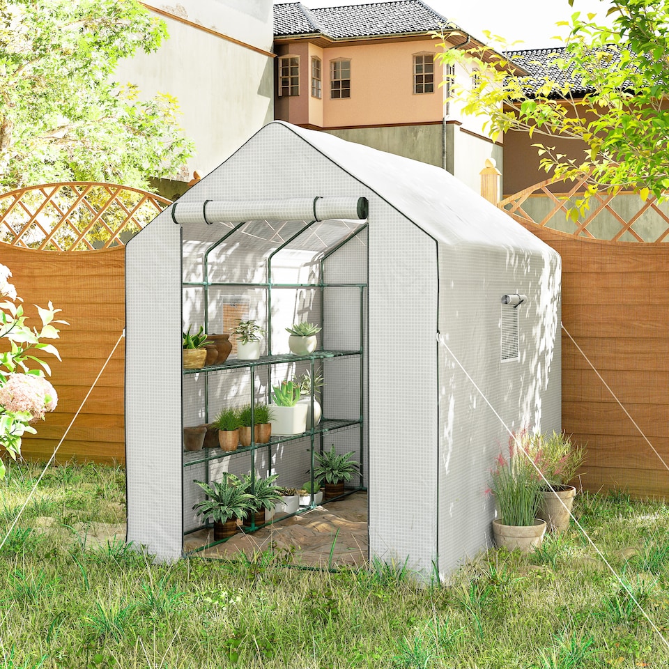 image 1 of Outsunny Walk-in Outdoor Green House with Door and Mesh Windows, White