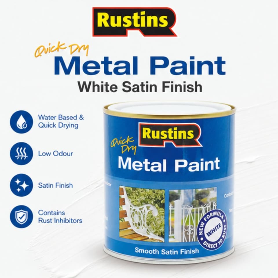 image 1 of Rustins Quick Drying Metal Paint Smooth Satin White 250ml