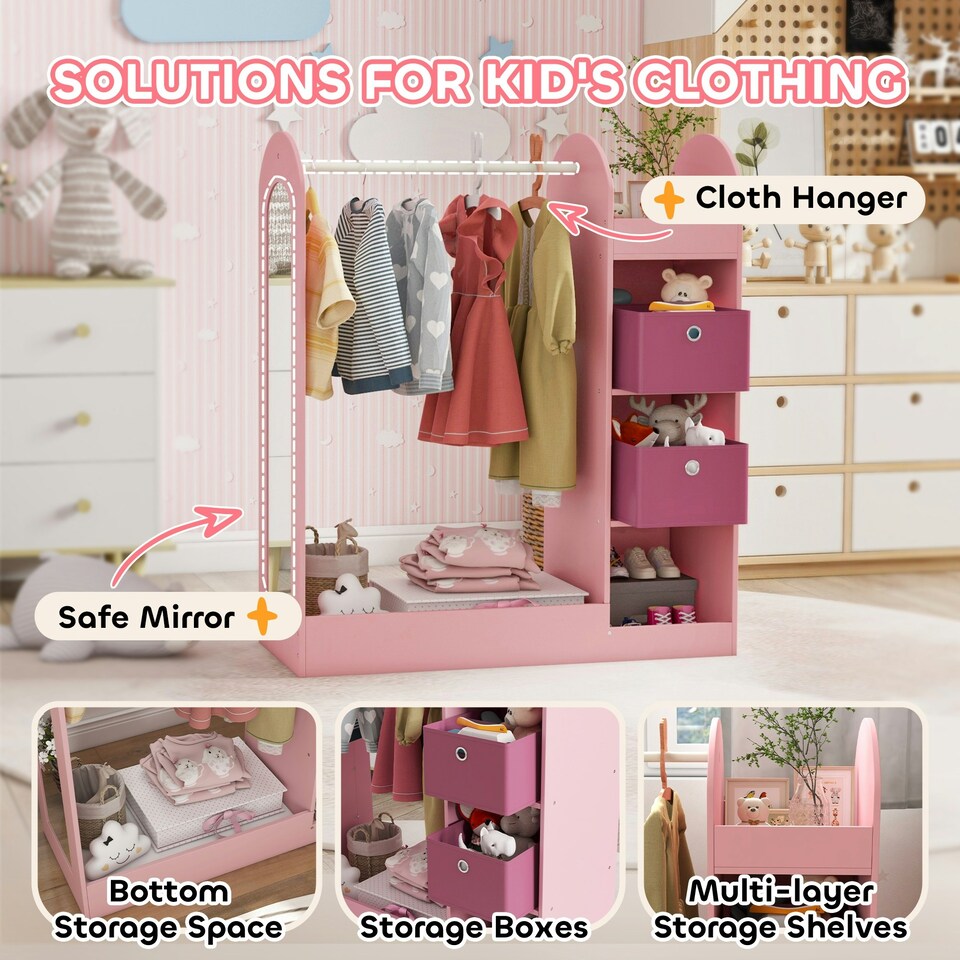 image 1 of AIYAPLAY Kids Clothes Rail with Storage Shelf, Boxes, Mirror, White