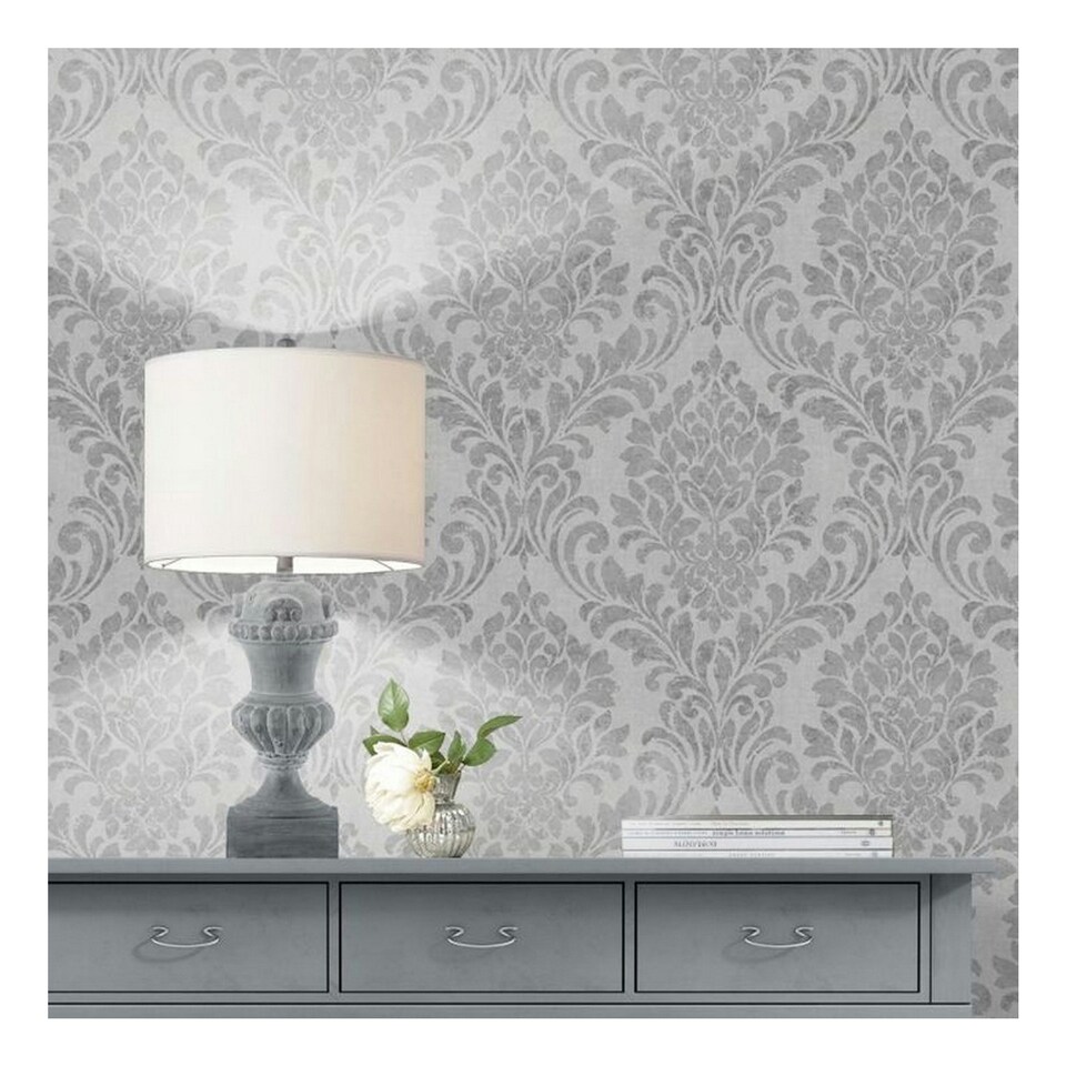 image 1 of Muriva Eleanor Damask Wallpaper - Grey - 10m x 53cm Grey