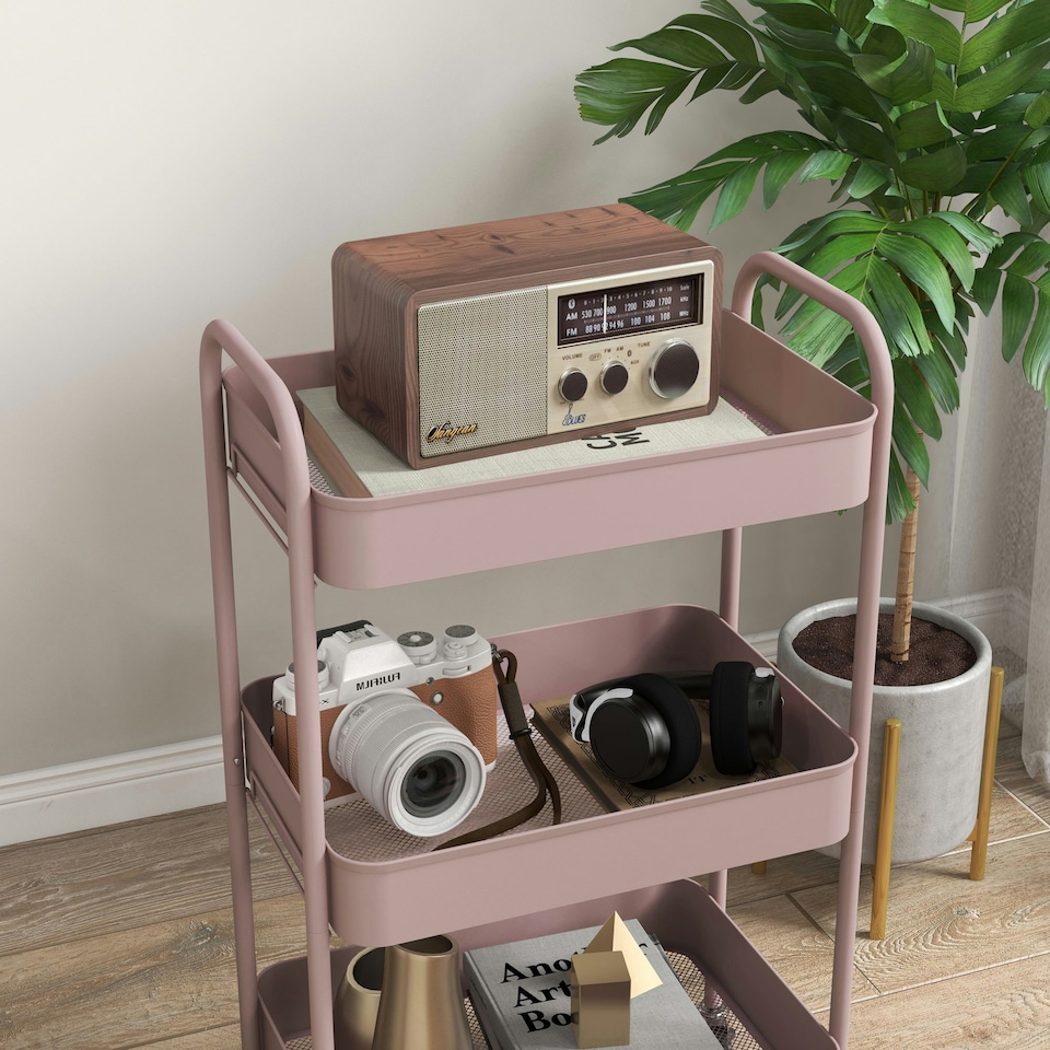 image 1 of HOMCOM 3 Tier Rolling Utility Cart with 3 Mesh Basket, Pink