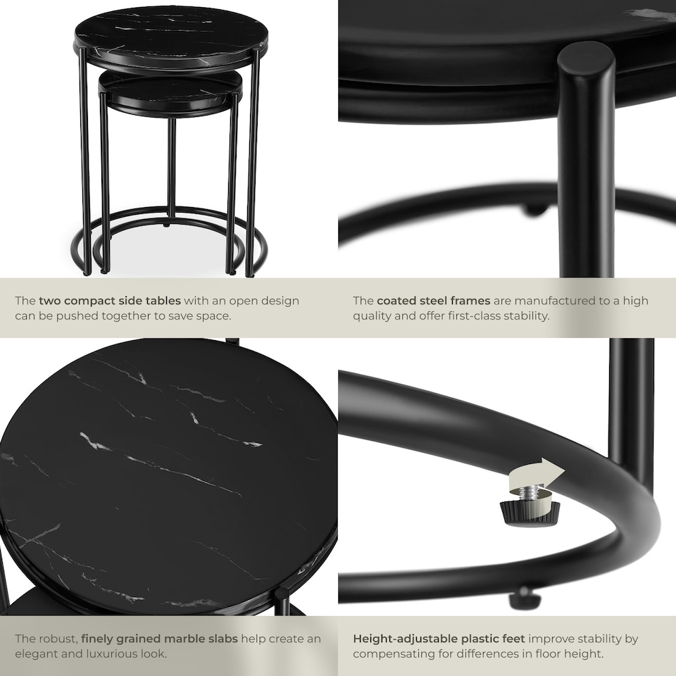 image 1 of Side Table Ellsa - marble top, steel frame, elegant design - Set of 2 Black