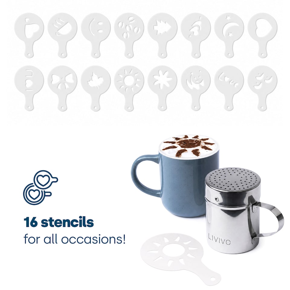 image 1 of LIVIVO Latte Art Stencil Kit with Cocoa and Sugar Duster