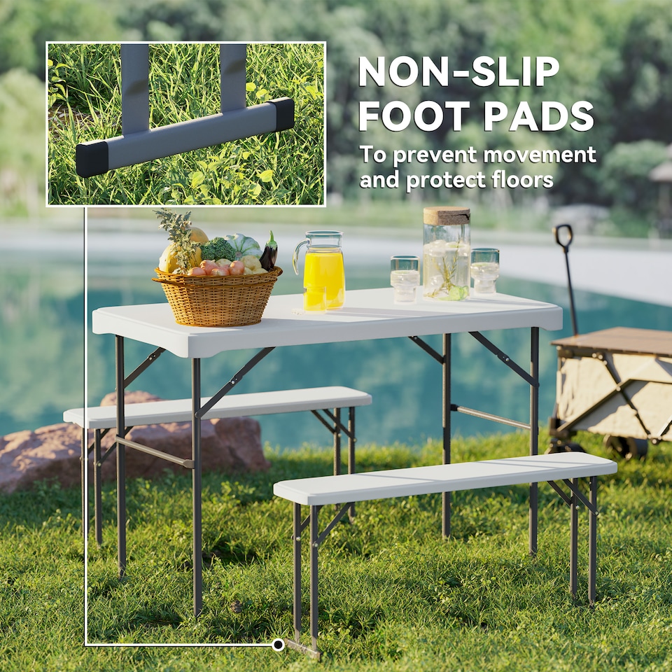 image 1 of Outsunny 3 Piece 4ft Folding Picnic Table and Bench Set, Portable HDPE Camping Table and Chairs with Carrying Handle for Indoor Outdoor, Dining, Camping, Picnic, BBQ, Party, White | White | Light Grey