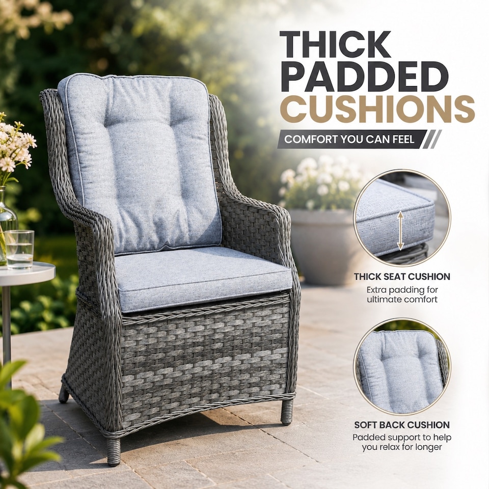 image 1 of 1pc Rattan Garden Dining Chair Grey Outdoor Patio Chairs with Cushion, Weatherproof Wicker Furniture