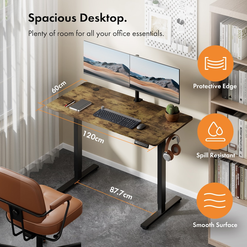 image 1 of Vonhaus Dark Wood Walnut Effect Electric Standing Desk 120x60cm