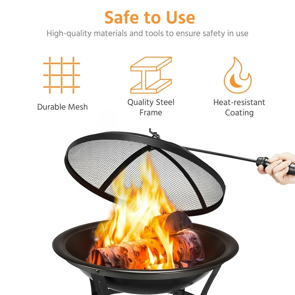 image 1 of Yaheetech Outdoor Fire Pit with Mesh Screen Cover Fire Poker Black