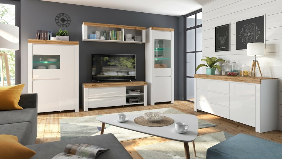 image 1 of Wall Shelf Cabinet Display Storage Open Panel Unit White Gloss Oak Effect Holten